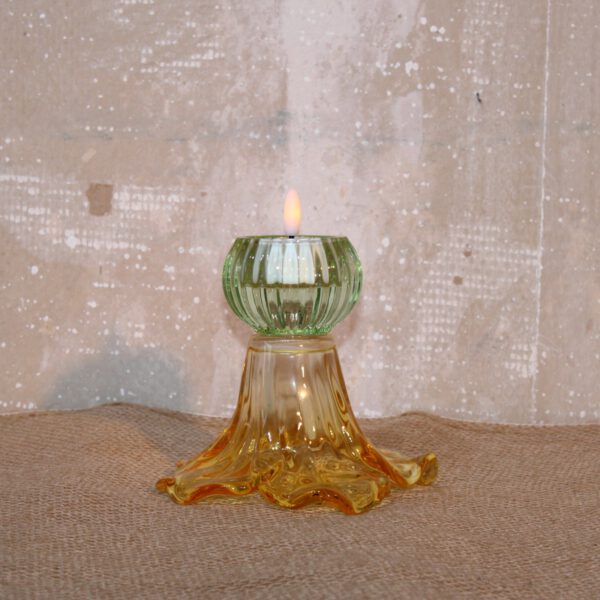 Glazen kaarsen/waxinelicht houder in bloemvorm oranje/groen
