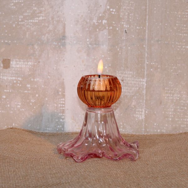 Glazen kaarsen/waxinelicht houder in bloemvorm roze/oranje