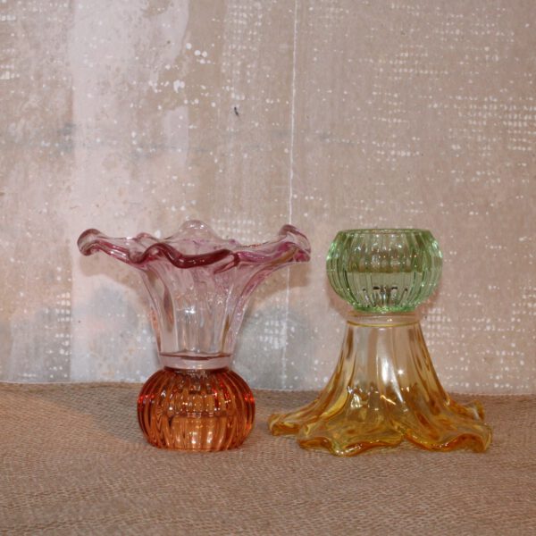 Glazen kaarsen/waxinelicht houder in bloemvorm oranje/groen