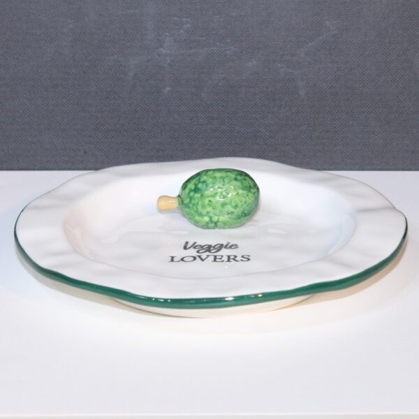 valentijn bordje veggie spruitje Wit porseleinen bord met groene rand, avocado accent en tekst "Veggie lovers"