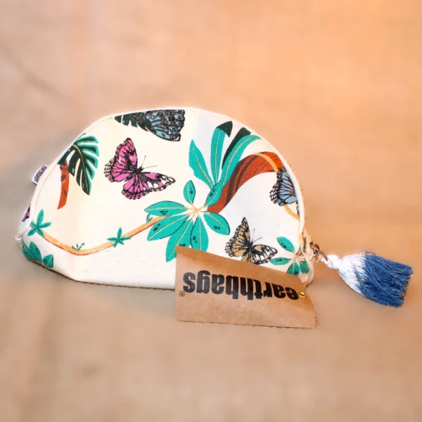 toilettas gekleurde vlinderopdruk wit met rits en kwastje bohemian franse brocante